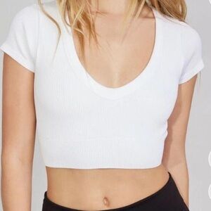 Garage Ribbed White Crop Top V-Neck